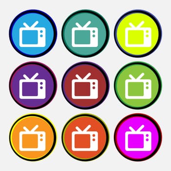 Retro TV icon sign. Nine multi-colored round buttons. illustration