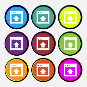 Direction arrow up icon sign. Nine multi-colored round buttons. illustration