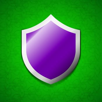 Shield, Protection icon sign. Symbol chic colored sticky label on green background. illustration