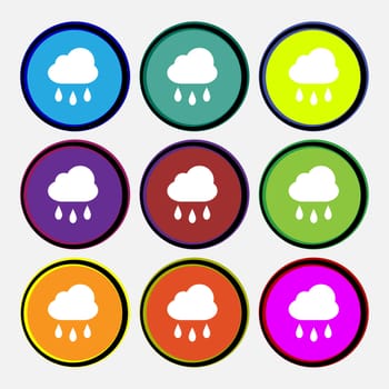 Weather Rain icon sign. Nine multi-colored round buttons. illustration