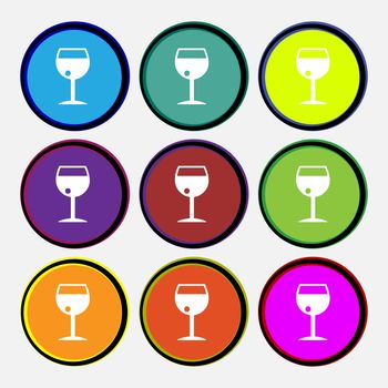 glass of wine icon sign. Nine multi colored round buttons. illustration