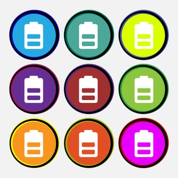 Battery half level, Low electricity icon sign. Nine multi-colored round buttons. illustration