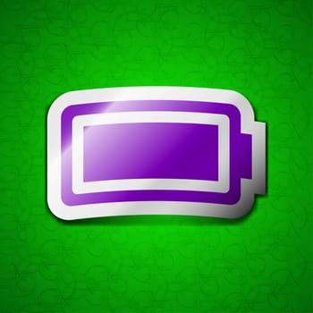 Battery fully charged icon sign. Symbol chic colored sticky label on green background. illustration