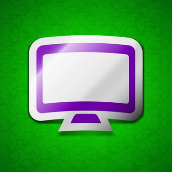 Computer widescreen monitor icon sign. Symbol chic colored sticky label on green background. illustration