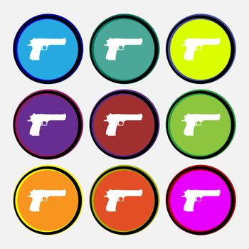 gun icon sign. Nine multi colored round buttons. illustration