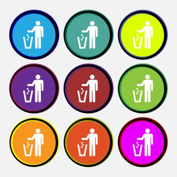 throw away the trash icon sign. Nine multi colored round buttons. illustration