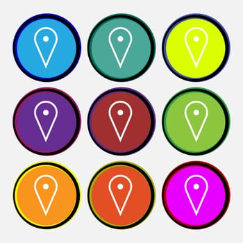 map poiner icon sign. Nine multi colored round buttons. illustration