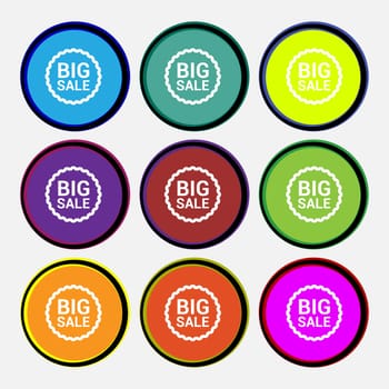 Big sale icon sign. Nine multi colored round buttons. illustration