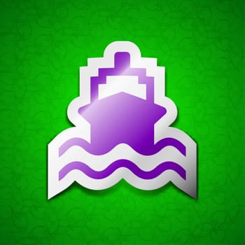 ship icon sign. Symbol chic colored sticky label on green background. illustration