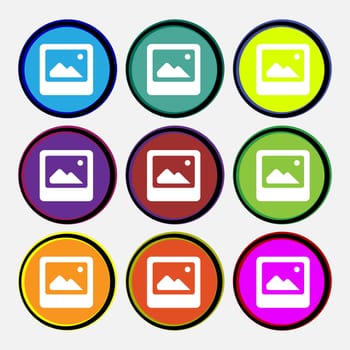Photo frame template icon sign. Nine multi-colored round buttons. illustration