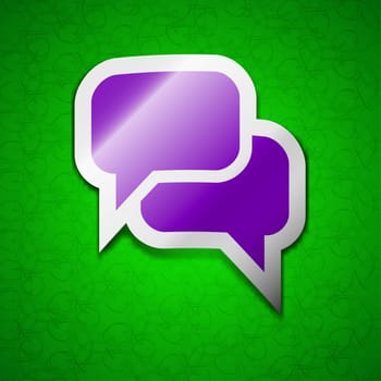 Speech bubble, Think cloud icon sign. Symbol chic colored sticky label on green background. illustration