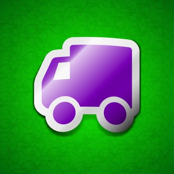 Delivery truck icon sign. Symbol chic colored sticky label on green background. illustration