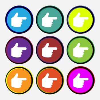 pointing hand icon sign. Nine multi-colored round buttons. illustration