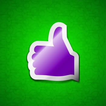 Like, Thumb up icon sign. Symbol chic colored sticky label on green background. illustration