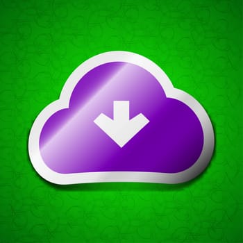 Download from cloud icon sign. Symbol chic colored sticky label on green background. illustration