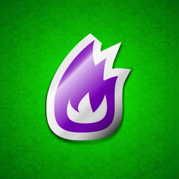 Fire flame icon sign. Symbol chic colored sticky label on green background. illustration