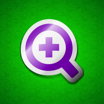 Magnifier glass, Zoom tool icon sign. Symbol chic colored sticky label on green background. illustration