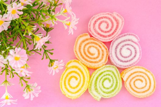 Jelly sweet, flavor fruit, candy dessert colorful with flower on pink background.