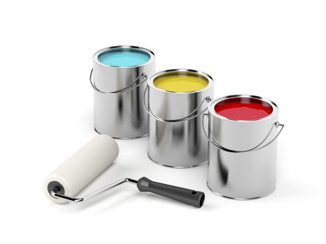 Paint roller and paint canisters with yellow, turquoise and red paints