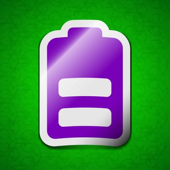 Battery half level, Low electricity icon sign. Symbol chic colored sticky label on green background. illustration