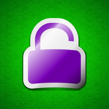 Open Padlock icon sign. Symbol chic colored sticky label on green background. illustration