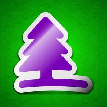 Christmas tree icon sign. Symbol chic colored sticky label on green background. illustration