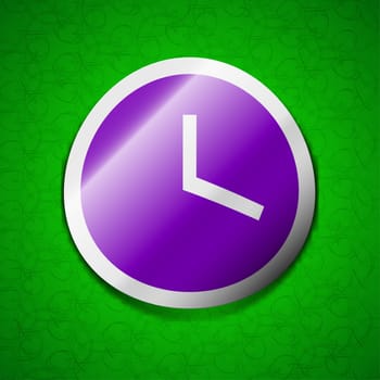 Mechanical Clock  icon sign. Symbol chic colored sticky label on green background. illustration