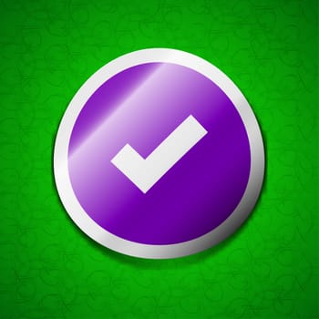 Check mark, tik icon sign. Symbol chic colored sticky label on green background. illustration