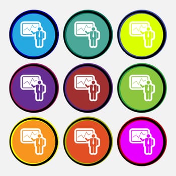 businessman making report icon sign. Nine multi colored round buttons. illustration