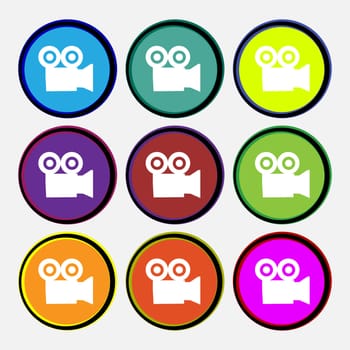 video camera icon sign. Nine multi colored round buttons. illustration