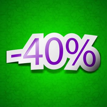 40 percent discount icon sign. Symbol chic colored sticky label on green background. illustration