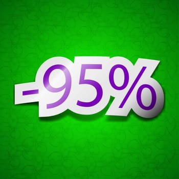 95 percent discount icon sign. Symbol chic colored sticky label on green background. illustration