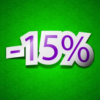 15 percent discount icon sign. Symbol chic colored sticky label on green background. illustration