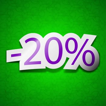 20 percent discount icon sign. Symbol chic colored sticky label on green background. illustration