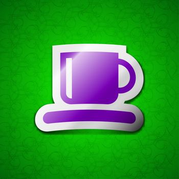 Coffee cup icon sign. Symbol chic colored sticky label on green background. illustration