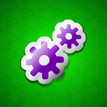 Cog settings, Cogwheel gear mechanism icon sign. Symbol chic colored sticky label on green background. illustration