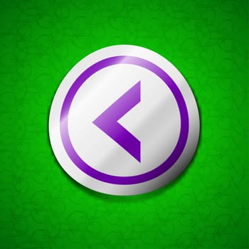 Arrow left, Way out icon sign. Symbol chic colored sticky label on green background. illustration