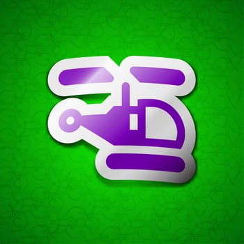 Helicopter icon sign. Symbol chic colored sticky label on green background. illustration