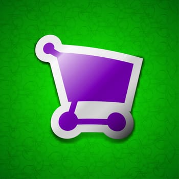 Shopping basket icon sign. Symbol chic colored sticky label on green background. illustration