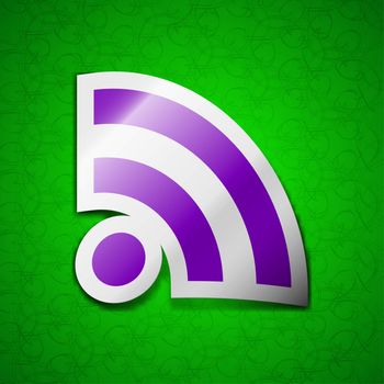 RSS feed icon sign. Symbol chic colored sticky label on green background. illustration