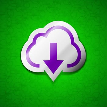 Download from cloud icon sign. Symbol chic colored sticky label on green background. illustration