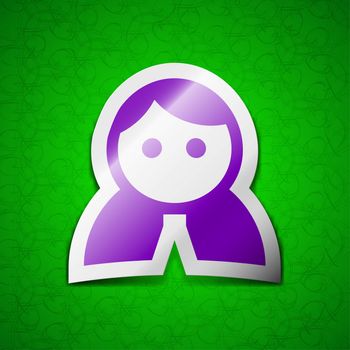 Female, Woman human, Women toilet, User, Login icon sign. Symbol chic colored sticky label on green background. illustration