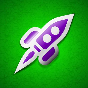 Rocket icon sign. Symbol chic colored sticky label on green background. illustration