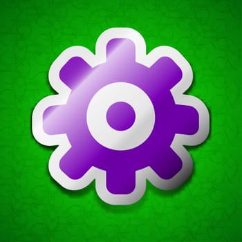 Cog settings, Cogwheel gear mechanism icon sign. Symbol chic colored sticky label on green background. illustration