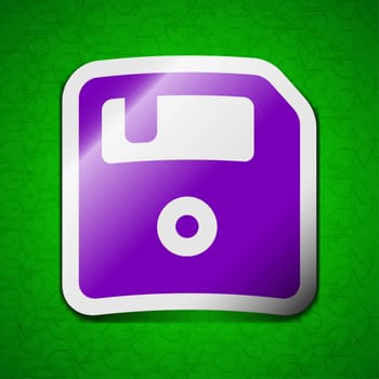 floppy icon sign. Symbol chic colored sticky label on green background. illustration