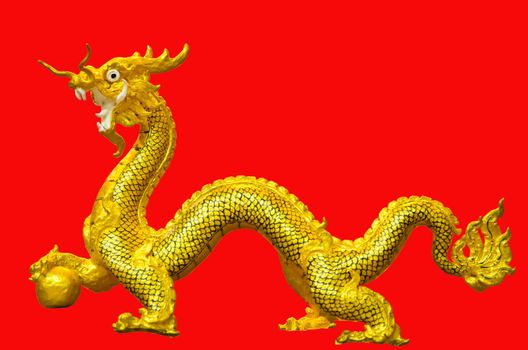Chinese Golden Dragon statue marble pedal. Isolated on red background