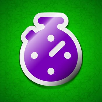 Timer, stopwatch icon sign. Symbol chic colored sticky label on green background. illustration