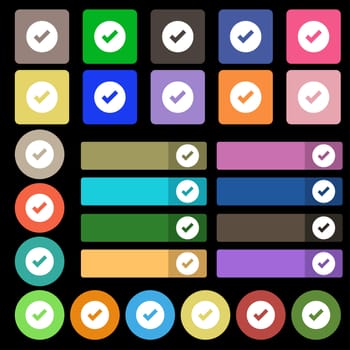 Check mark, tik icon sign. Set from twenty seven multicolored flat buttons. illustration