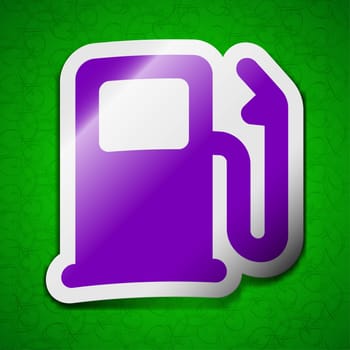 Petrol or Gas station, Car fuel icon sign. Symbol chic colored sticky label on green background. illustration