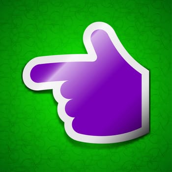 pointing hand icon sign. Symbol chic colored sticky label on green background. illustration